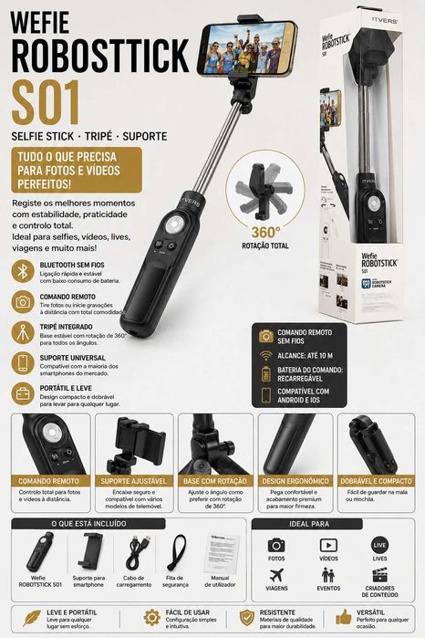 Selfie Stick Bluetooth com Tripé - Wefie Robotstick S01