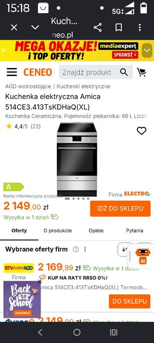 Kuchenka w pełni elektr z rożnem .