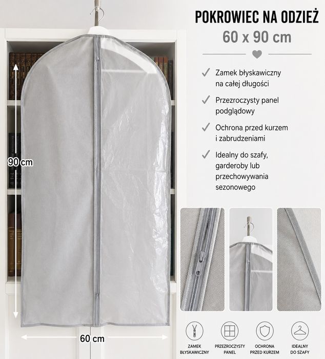 Pokrowiec na odzież do szafy 60 × 90 cm – popiel 2 sztuki, na suwak