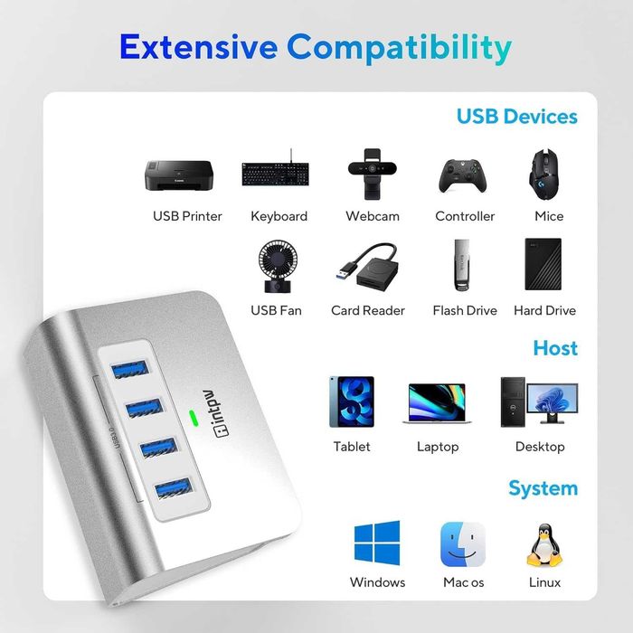 INTPW aluminiowy Hub 4x USB 3.0 do laptopa PC Macbook DELL HP kabel 1m