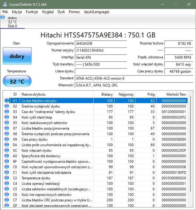 Dysk HDD 2.5 cala HITACHI 750GB HTS547575A9E384 obrotów 5400