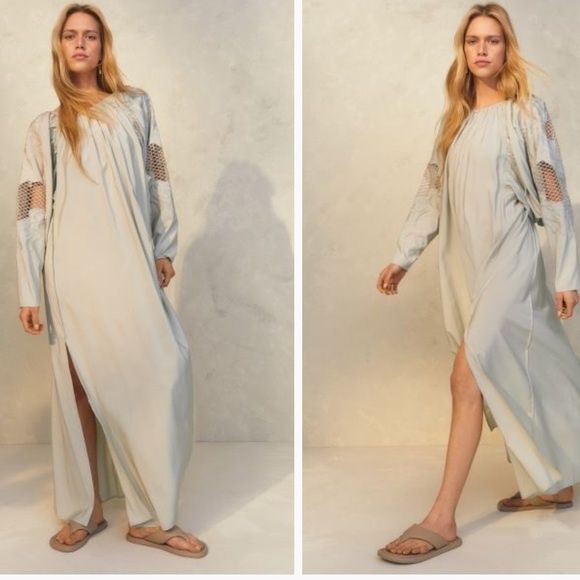 Фисташковое платье макси оверсайз H&M вышивка