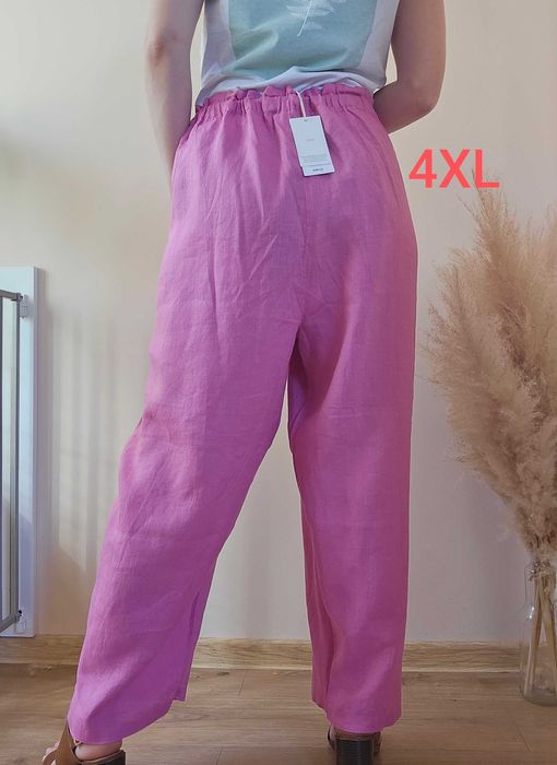 Letnie długie spodnie lniane 100% len różowy boho 50/52