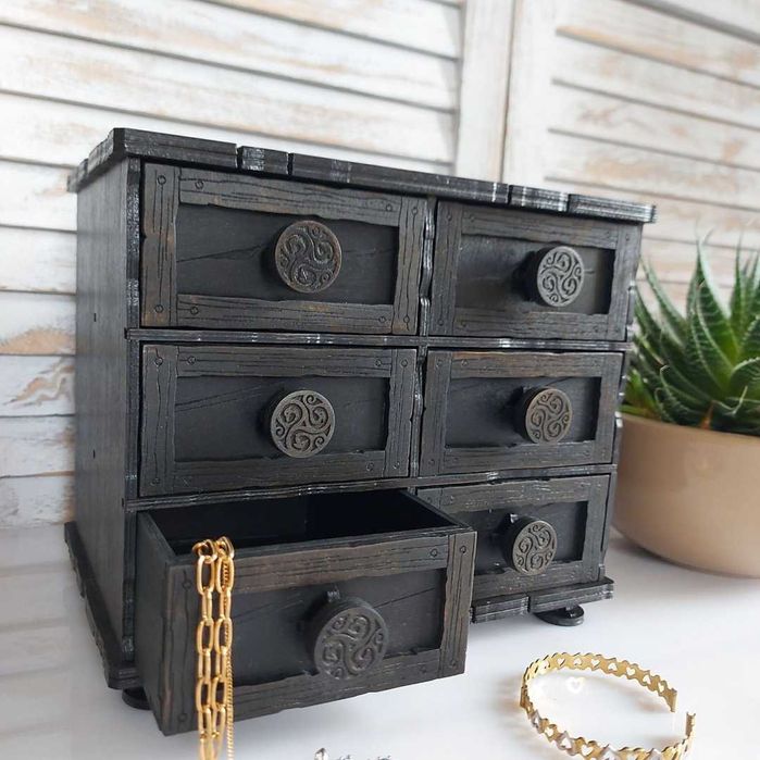 Szkatułka Na Biżuterię Duża Drewniana Mini Komoda z Szufladami Organiz