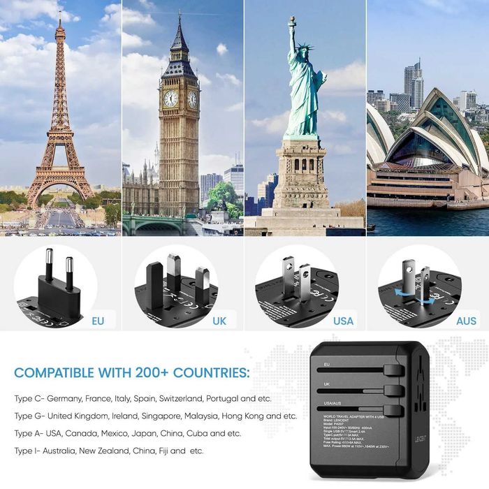 Adaptador Universal de Viagem Tomadas EU/UK/US/AU + 4 USB NOVO