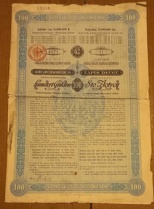 Obligacja Kolei Karola Ludwika z 1890 roku