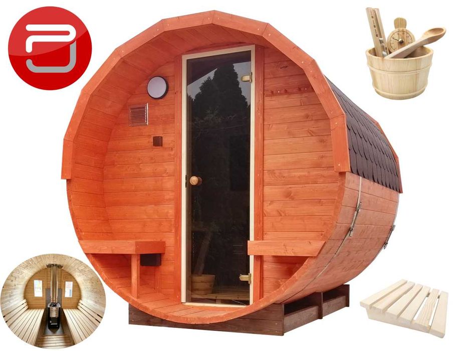 Sauna ogrodowa Beczka 250cm, Ławy + Oparcia Abachi, Szybka Realizacja