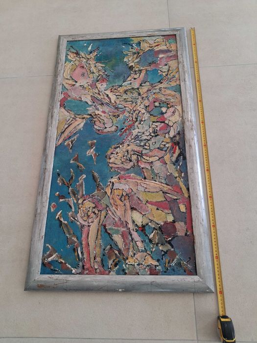 pintura abstrata com moldura prateada