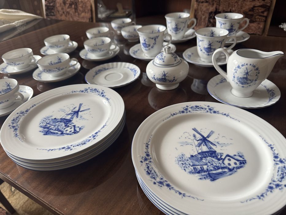 Niemiecki serwis kawowy herbaciany HIBBEN Wiatraki niebieskie vintage duży