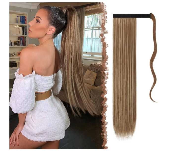 Długi gładki kucyk doczepiany peruka brąz + blond 60cm kod 1354