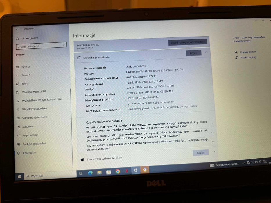 Laptop Dell Inspiron 15 3567 | i3 | SSD 240GB | Gotowy do pracy