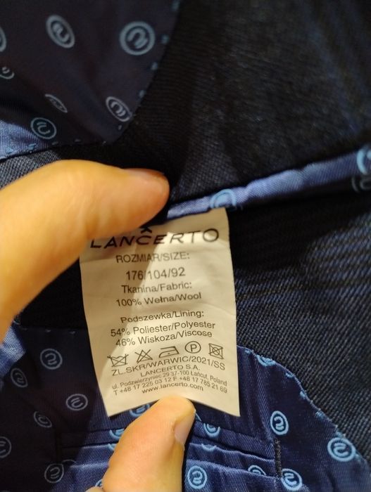 Lancerto garnitur granatowy w kratę 100% wełna 176/104 stan bdb