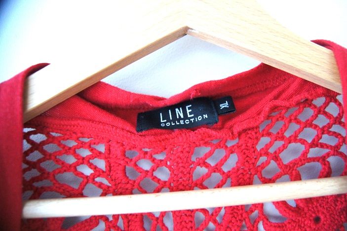 czerwony sweter kardigan z dlugim rekawem w koronke koronkowy 40 42 XL