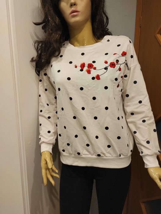 Biała bluza w groszki haft kwiatowy M/L oversize casual