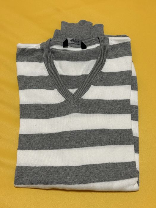 Camisola malha riscas cinza/branco homem XL - v-neck confor casual