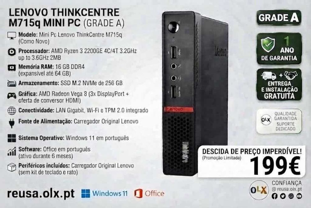 Mini PC Lenovo ThinkCentre M715q | AMD Ryzen 3 | 16GB DDR4 | NVMe 256GB | WiFi | W11