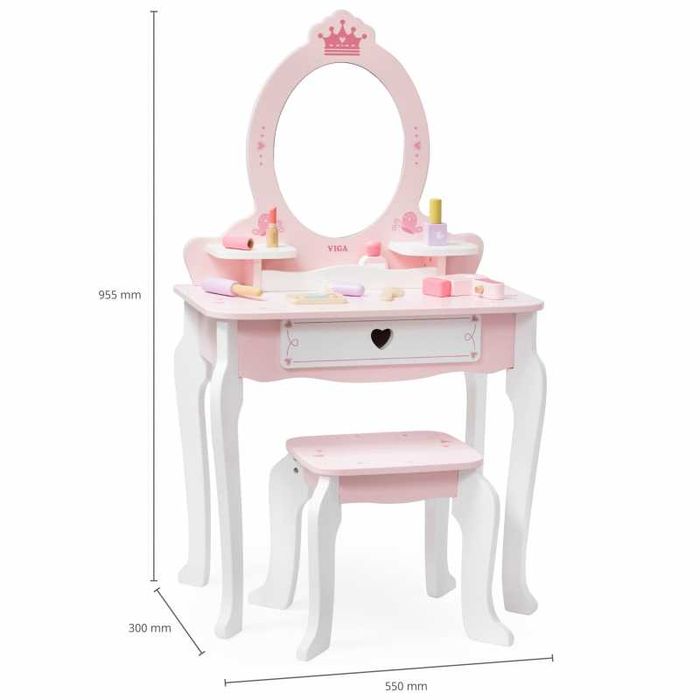 VIGA Duża Toaletka Drewniana Biało-Różowa z Lustrem i Krzesełkiem