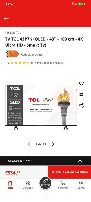Venda  smart tv TCL 43P7K (QLED-43-109cm 4K Novo
