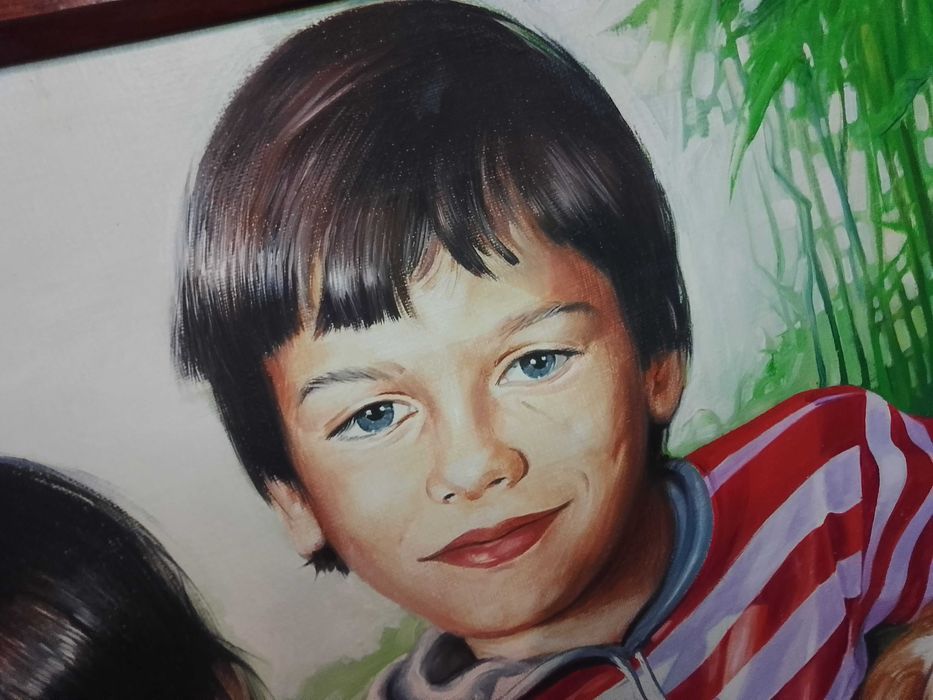 Obraz olejny. 3D. Dzieci, pies, natura. Barwny. Wyrazisty. 65x73 cm.