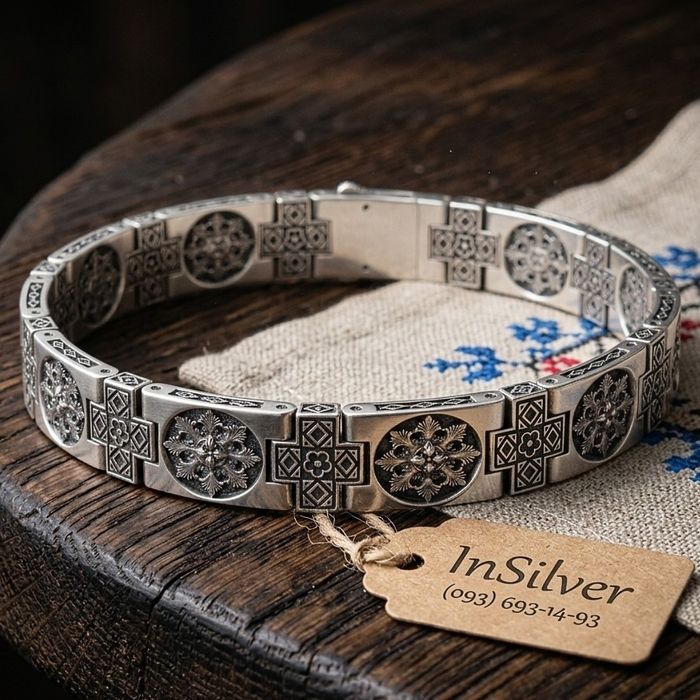 Срібний браслет ~50г чоловічий АРХАЇКА 925 проба | Мужской тяжелый серебряный кресты серебро | Масивний оберіг на руку | ювелір Подарунок чоловіку