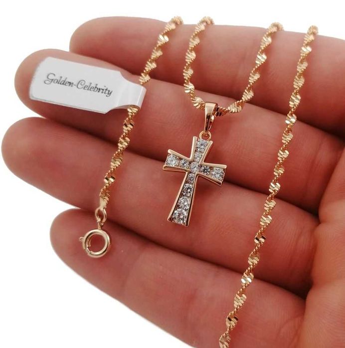 Pozłacany 18 k złotem łańcuszek singapur + krzyżyk GWARANCJA!