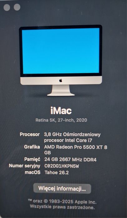 iMac i7 2020 Retina 5K27" 24GB RAM SSD 512 GB
