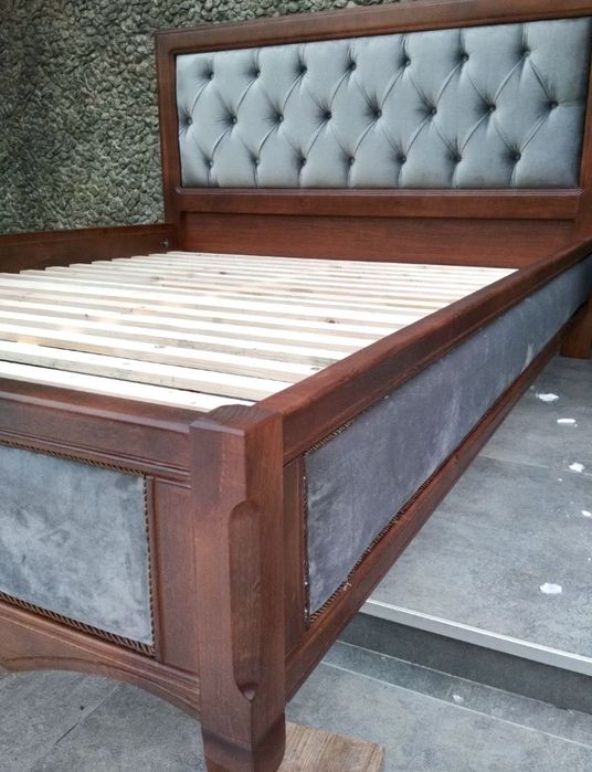 Ліжко двоспальне (натуральне дерево+мяка спинка)160*200