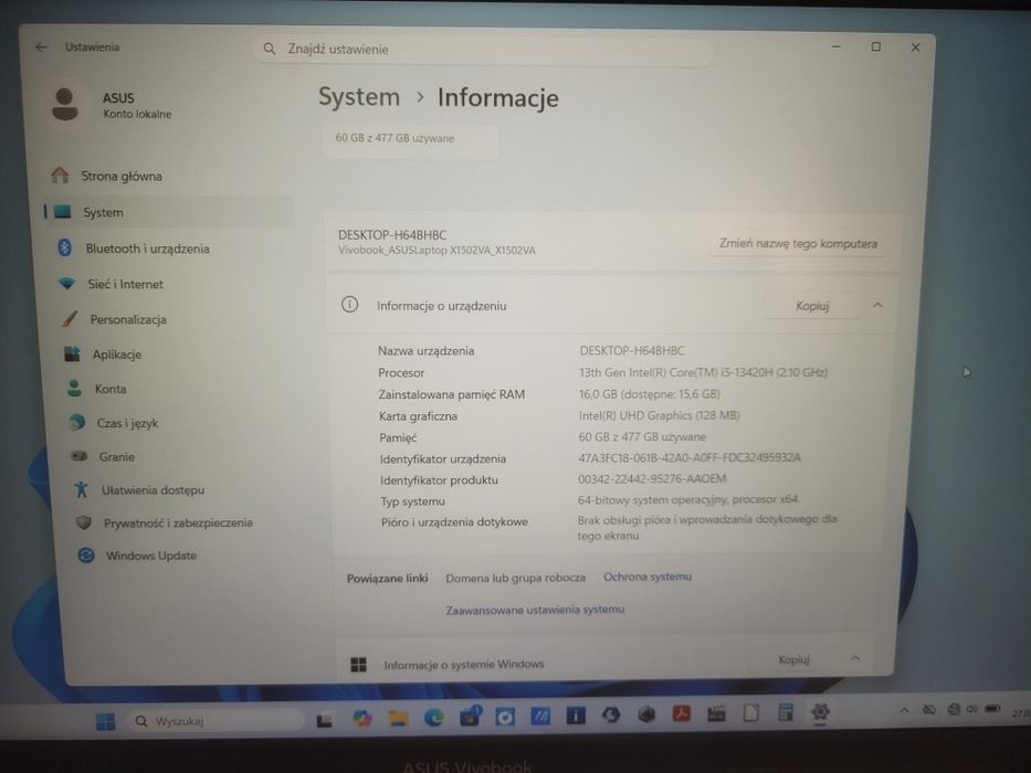 Asus Vivobook 15 Intel Core i5 -13420H/16GB/512GB/Win11/Gwarancja