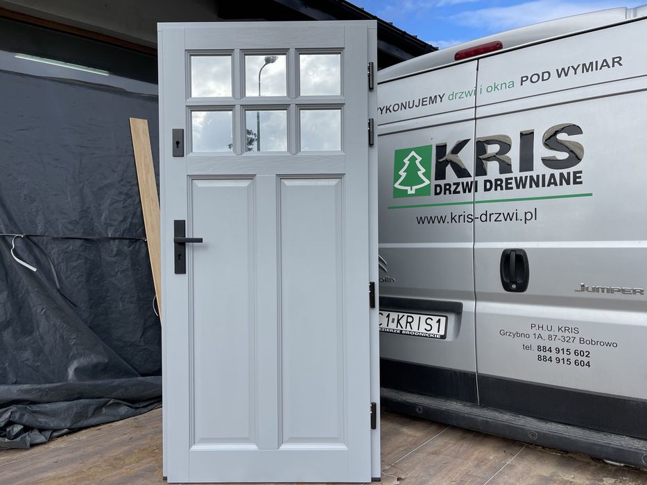 Drzwi zewnętrzne drewniane oliwkowe czyste powietrze 7033