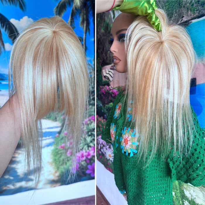 Натуральная накладка топпер чёлка типатинг волосы блонд 35 см