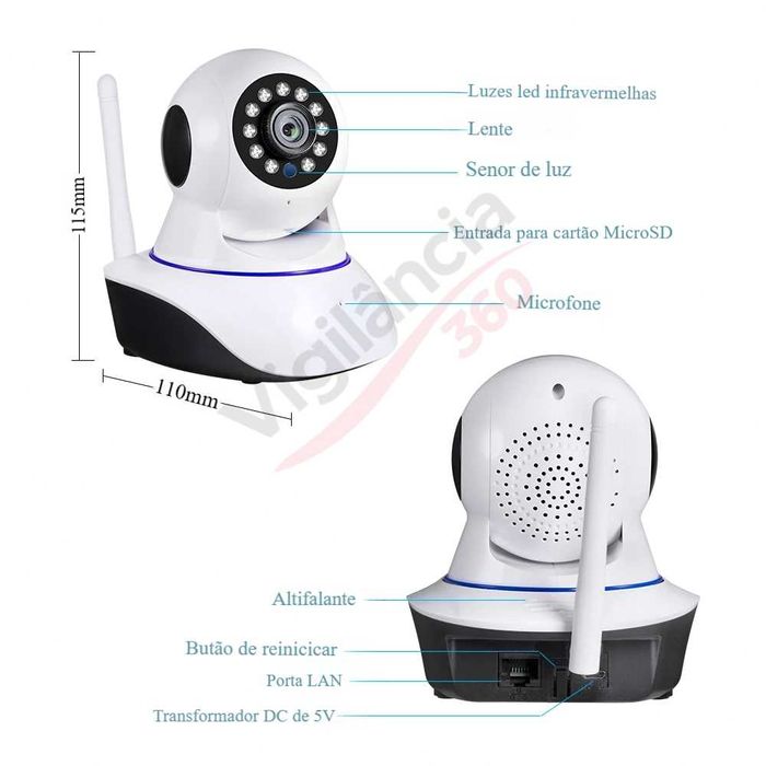 Câmera Vigilância WiFi Full HD 1080p, Visão Noturna, Rotação 360°, App