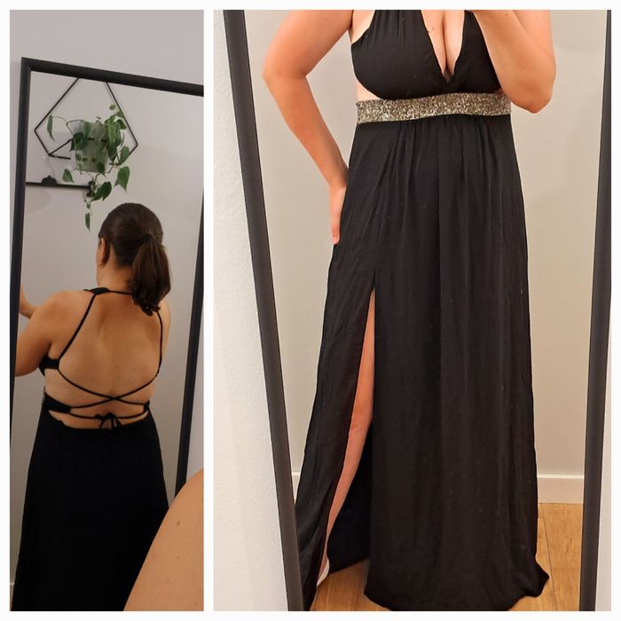 Długa sukienka z odkrytymi plecami i rozcięciem na studniówkę ASOS 42-