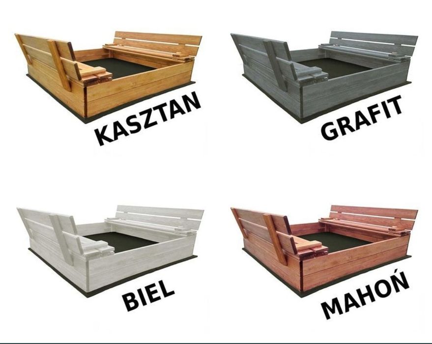 Duża piaskownica drewniana 120 cm 4 kolory zamykana ławeczki producent