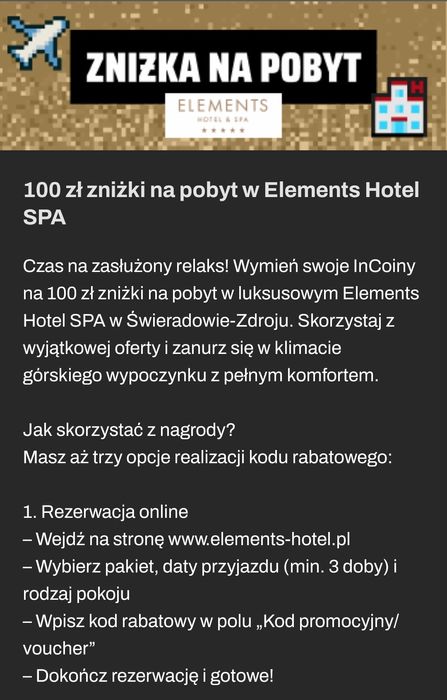Vouncher kupon o wartości 100zł na pobyt w elements hotel!!
