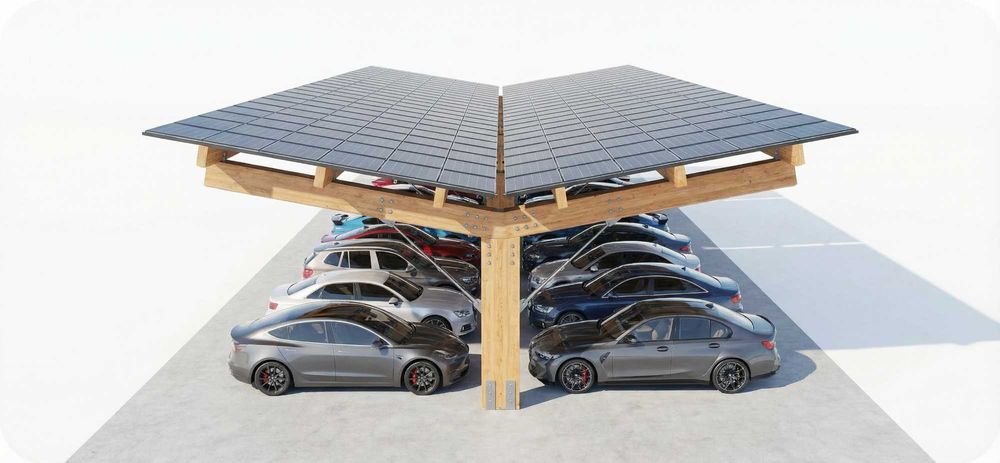 Сонячний карпорт з дерева GreenTec з сонячними панелями