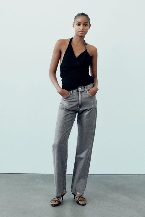 Шкіряні брюки джинси штани срібрясті zara xs нові зі стразами сірі