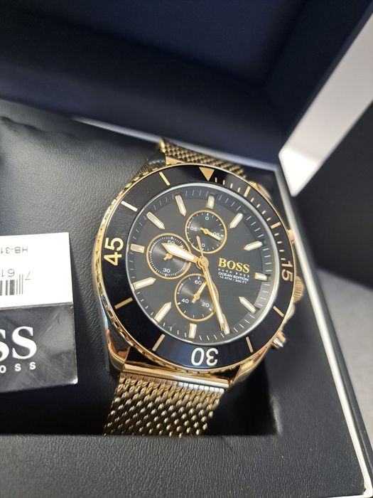 Nowy meski zegarek hugo boss złoty duzy gruby bransoleta mesh prezent