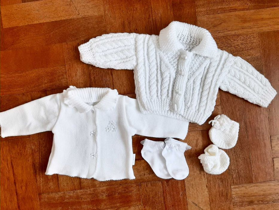 Biały sweterek, np. na chrzest, 2 szt., rozmiar 62/68