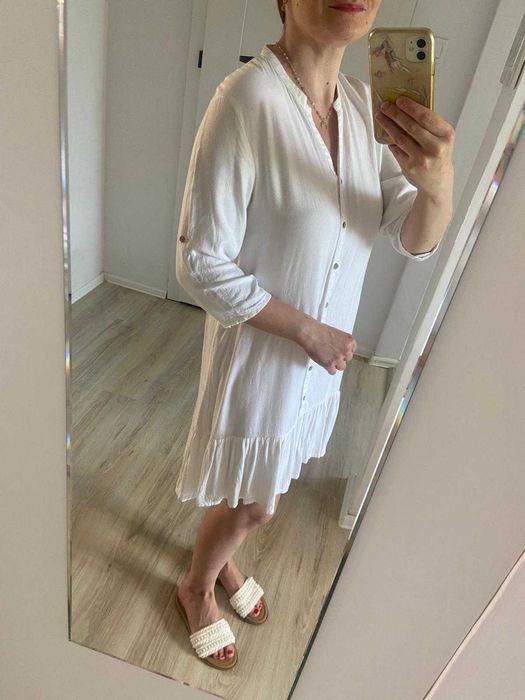 Sukienka biała midi narzutka dekolt V falbana boho oversize Top secret