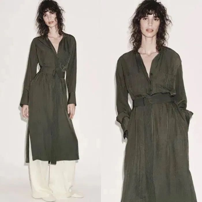 Сукня сорочка міді ZARA хакі під пояс довгий рукав платье хаки базовое
