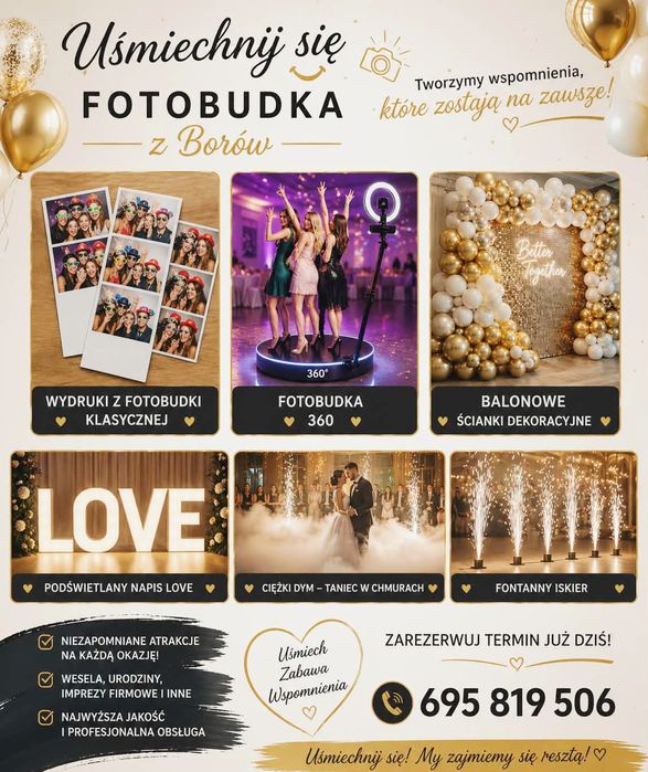 Fotobudka klasyczna fotobudka 360 podswietlany napis LOVE fontanny iskier ciezki dym dekoracyjne scianki balonowe cekiny ślub wesele urodziny chrzest