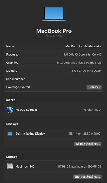 Apple MacBook Pro 15" touch bar 2018 / i7 6-core 2.6 GHz / 16GB RAM / 512GB SSD / Intel UHD Graphics 630