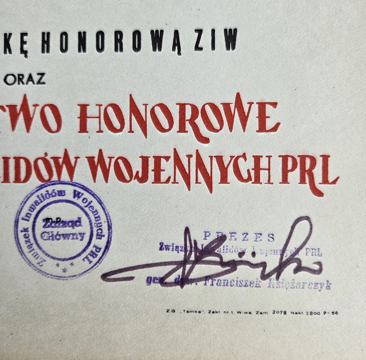 Dyplom Odznaki Honorowej Związku Inwalidów Wojennych.