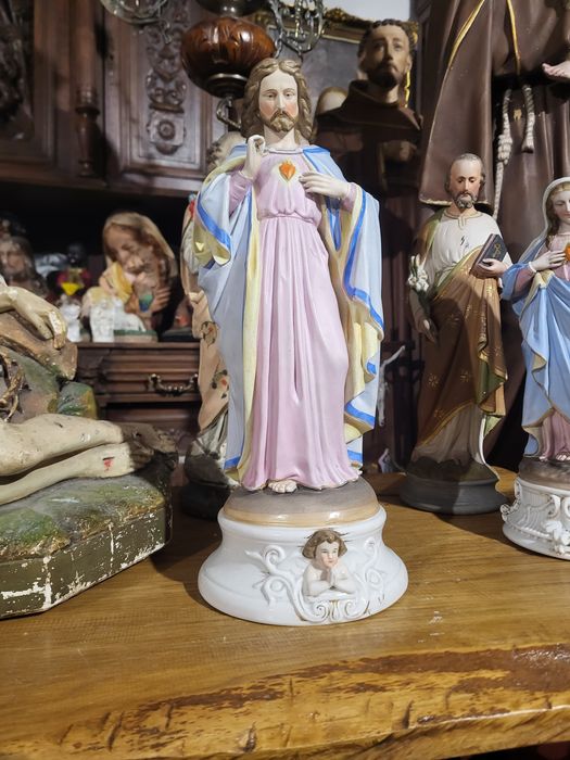 Duża zabytkowa figura Najświętsze Serce Pan Jezus porcelana Andenne
