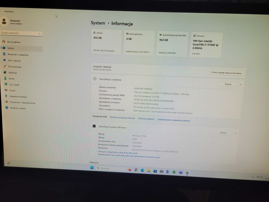 Komputer Intel Core i7-11700F 32GB 1TB GTX1050Ti Win11Pro MT