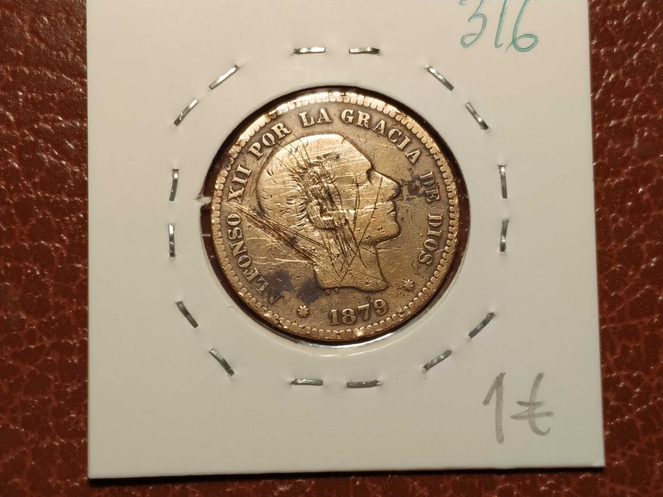 316 Espanha - moeda de 5 centimos de 1879 Alfonso XII