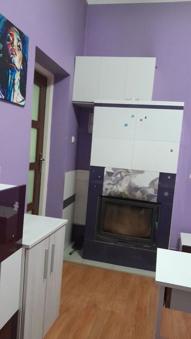 Duży pokój z kominkiem do wynajęcia w mieszkaniu dwupokojowym.