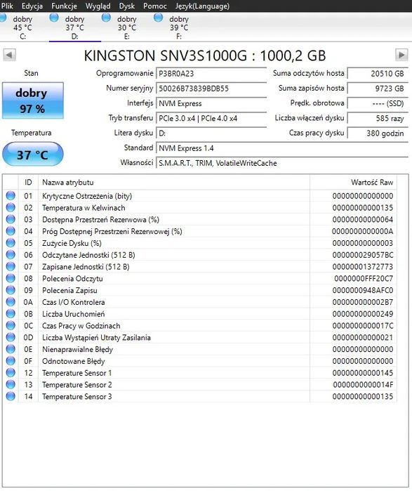 Dysk SSD M2 NVME 1TB Kingstone NV3 - 380h pracy