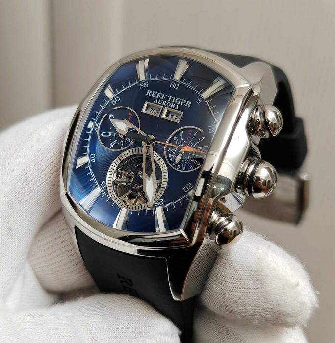 Чоловічий годинник Reef Tiger Aurora Tank 2 Automatic Blue 100m Крупні