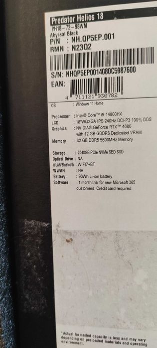 Acer Predator Helios 18 i9-14900HX RTX 4080 12GB 2TB Stan Idealny